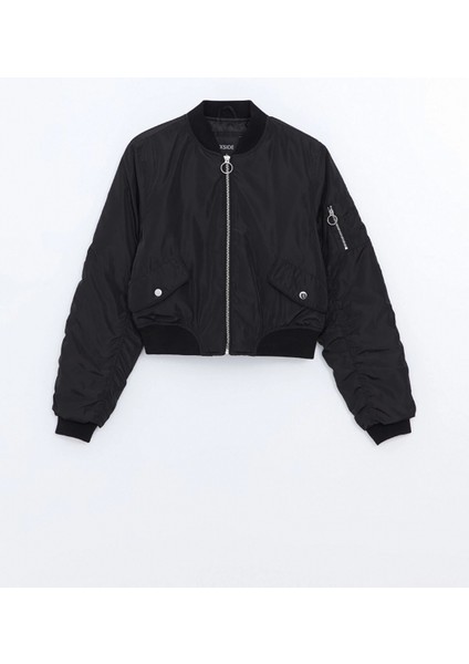 Xsıde Siyah Kolej Yaka Crop Kadın Bomber Mont