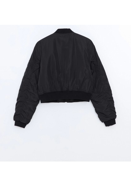 Xsıde Siyah Kolej Yaka Crop Kadın Bomber Mont