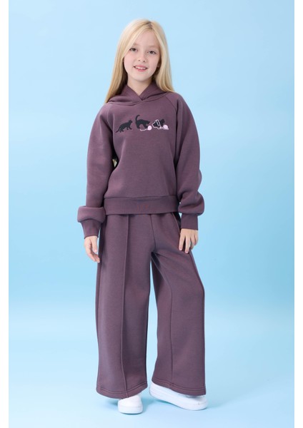 Kız Çocuk Kapüşonlu Içi Polarlı Kedi Nakışlı Şardonlu Kışlık Takım Patlıcan Rengi