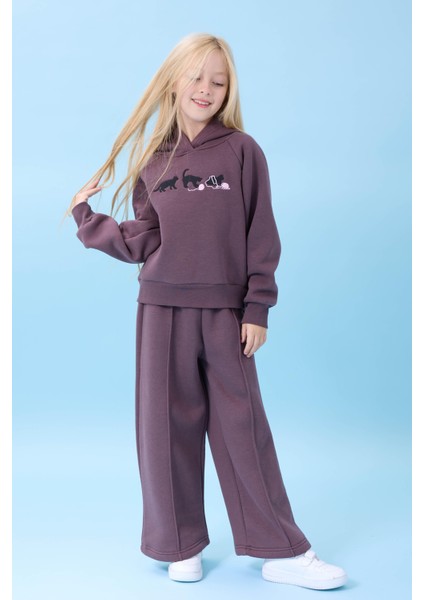 Kız Çocuk Kapüşonlu Içi Polarlı Kedi Nakışlı Şardonlu Kışlık Takım Patlıcan Rengi fiyatları