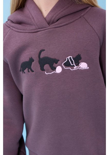 Kız Çocuk Kapüşonlu Içi Polarlı Kedi Nakışlı Şardonlu Kışlık Takım Patlıcan Rengi modelleri