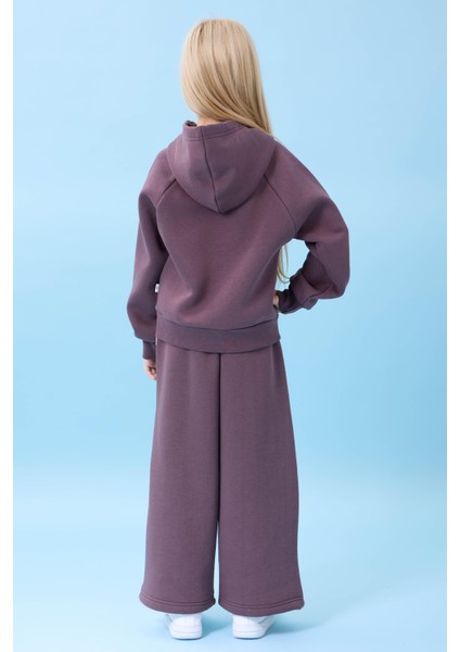 Kız Çocuk Kapüşonlu Içi Polarlı Kedi Nakışlı Şardonlu Kışlık Takım Patlıcan Rengi fırsatları