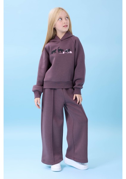 Kız Çocuk Kapüşonlu Içi Polarlı Kedi Nakışlı Şardonlu Kışlık Takım Patlıcan Rengi indirimleri
