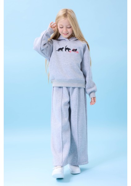 Kız Çocuk Kapüşonlu Içi Polarlı Kedi Nakışlı Şardonlu Kışlık Takım Gri