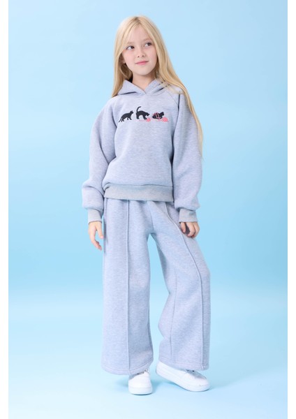 Kız Çocuk Kapüşonlu Içi Polarlı Kedi Nakışlı Şardonlu Kışlık Takım Gri fiyatları