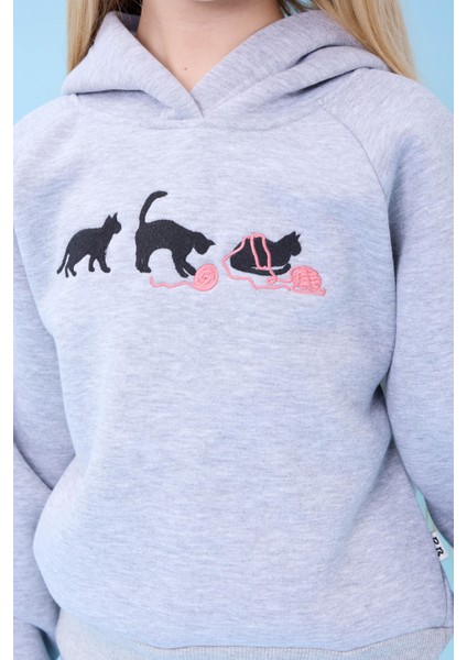 Kız Çocuk Kapüşonlu Içi Polarlı Kedi Nakışlı Şardonlu Kışlık Takım Gri modelleri