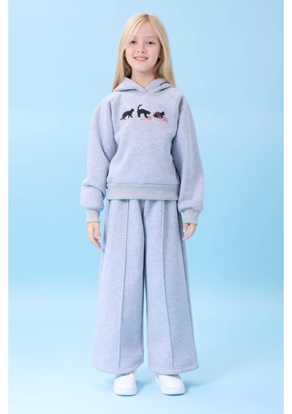 Kız Çocuk Kapüşonlu Içi Polarlı Kedi Nakışlı Şardonlu Kışlık Takım Gri indirimleri