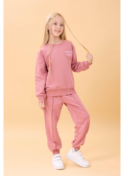 Kız Çocuk Basic Kalp Aplike Mevsimlik Alt Üst Takım Gülkurusu