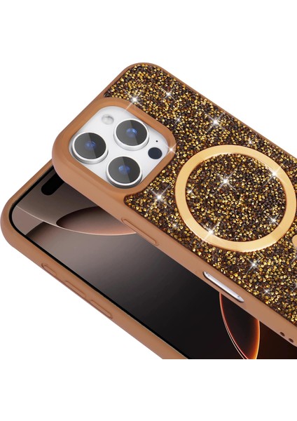 Apple iPhone 16 Pro Max Uyumlu Magsafe Özellikli Taş Kabartmalı Lime Kapak Gold fiyatları