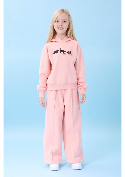 Kız Çocuk Kapüşonlu Içi Polarlı Kedi Nakışlı Şardonlu Kışlık Takım Yavruağzı