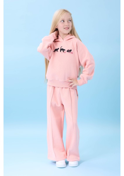 Kız Çocuk Kapüşonlu Içi Polarlı Kedi Nakışlı Şardonlu Kışlık Takım Yavruağzı indirimleri