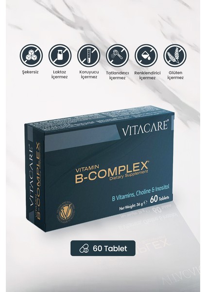 Vitamin B-Complex – 60 Tablet | B1, B2, B3, B5, B6, B12, Folik Asit, Biotin, Kolin & Inositol
