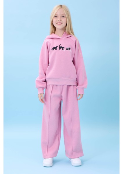 Kız Çocuk Kapüşonlu Içi Polarlı Kedi Nakışlı Şardonlu Kışlık Takım Açık Gül Rengi