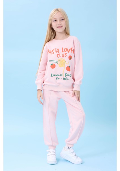Kız Çocuk Pasta Baskılı Mevsimlik Alt Üst Takım Pudra