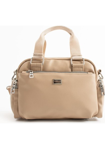 Kadın Çok Gözlü Saten Ayarlanbilir Çapraz Askılı El ve Omuz Çantası Bej