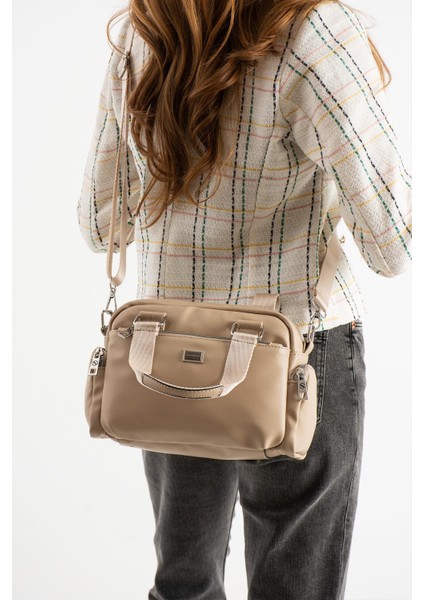 Kadın Çok Gözlü Saten Ayarlanbilir Çapraz Askılı El ve Omuz Çantası Bej indirimleri