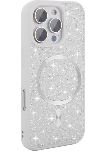 Apple iPhone 16 Pro Max Uyumlu Magsafe Özellikli Taş Kabartmalı Lime Kapak Beyaz fiyatları