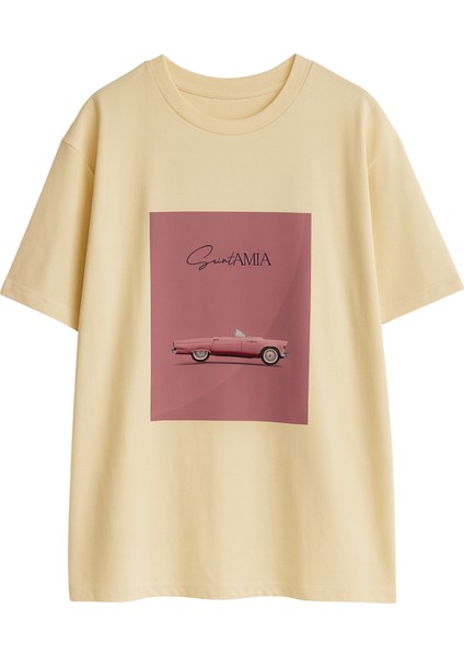 Bej Bisiklet Yaka Kısa Kollu Oversiize T-Shirt