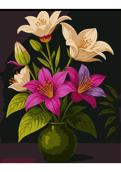 Sayılarla Boyama Seti 40X50 cm (Çıtalı) Fırça Boya Dahil Numaralı Tuval Yeşil Vazo Laleler