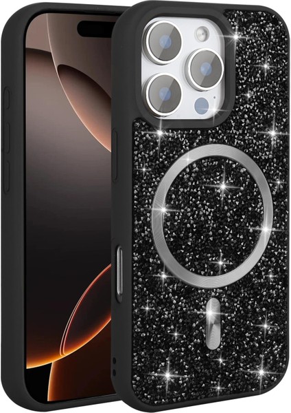 Apple iPhone 16 Pro Uyumlu Magsafe Özellikli Taş Kabartmalı Lime Kapak Siyah