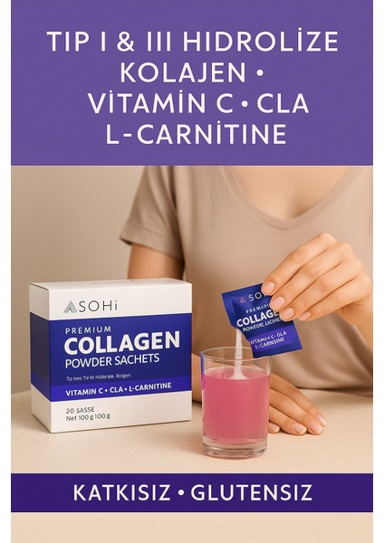 Premium Collagen | Tip 1&3 Hidrolize Kolajen + C Vitamini & L-Carnitine | 20 Saşe