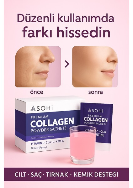 Premium Collagen | Tip 1&3 Hidrolize Kolajen + C Vitamini & L-Carnitine | 20 Saşe