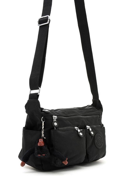 Kadın Orta Boy Bölmeli Suya Dayanıklı Krinkıl Kumaş Çapraz Askılı Omuz Çantası Siyah