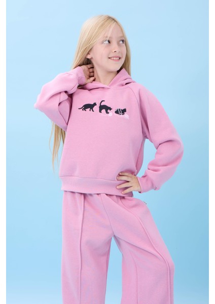 Kız Çocuk Kapüşonlu Içi Polarlı Kedi Nakışlı Şardonlu Kışlık Takım Açık Gül Rengi fiyatları