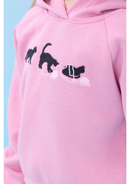 Kız Çocuk Kapüşonlu Içi Polarlı Kedi Nakışlı Şardonlu Kışlık Takım Açık Gül Rengi modelleri