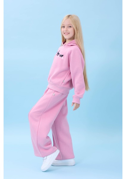 Kız Çocuk Kapüşonlu Içi Polarlı Kedi Nakışlı Şardonlu Kışlık Takım Açık Gül Rengi indirimleri