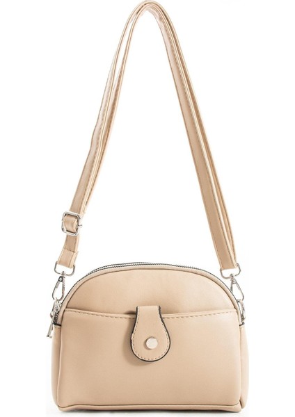 3 Bölmeli Çapraz Kullanıma Uygun Kadın Omuz Çantası Krem