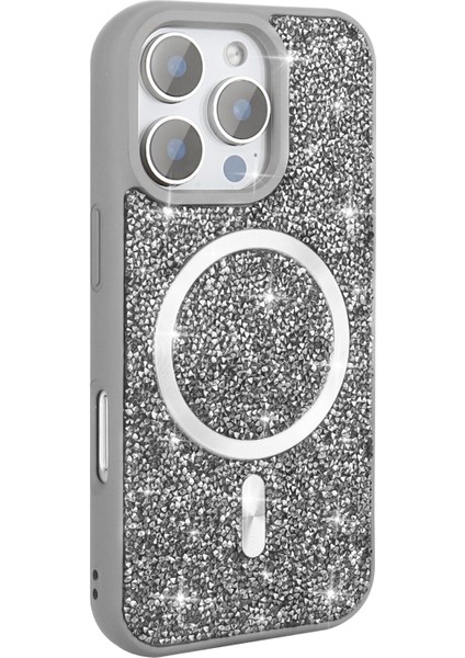 Apple iPhone 16 Pro Uyumlu Magsafe Özellikli Taş Kabartmalı Lime Kapak Gri