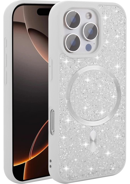 Apple iPhone 16E Uyumlu Magsafe Özellikli Taş Kabartmalı Lime Kapak Beyaz