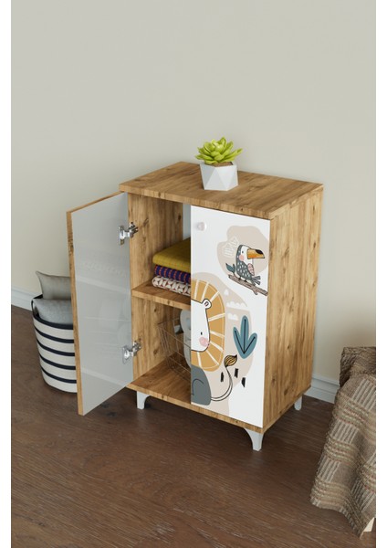 Jungle Animals 2 Raflı Çocuk Odası Dolabı Çok Amaçlı Baskılı Oyuncak Dolabı fiyatları