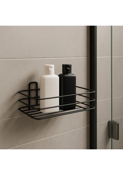 Yapışkanlı Siyah Metal Banyo Rafı – Şampuanlık ve Duş Organizeri