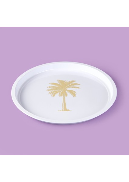 Palm Desenli Yuvarlak Tepsi - Krem / Kahverengi - 24X24 cm