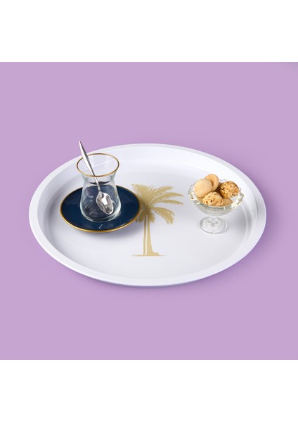 Palm Desenli Yuvarlak Tepsi - Krem / Kahverengi - 24X24 cm fiyatları