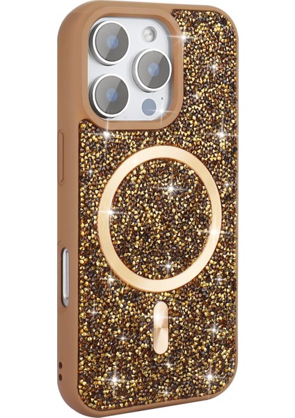 Apple iPhone 16 Pro Uyumlu Magsafe Özellikli Taş Kabartmalı Lime Kapak Gold