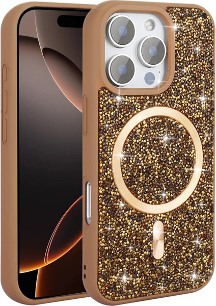 Apple iPhone 16 Pro Uyumlu Magsafe Özellikli Taş Kabartmalı Lime Kapak Gold modelleri