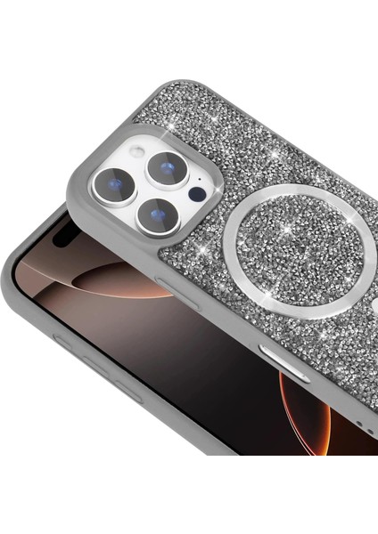Apple iPhone 15 Uyumlu Magsafe Özellikli Taş Kabartmalı Lime Kapak Gri modelleri