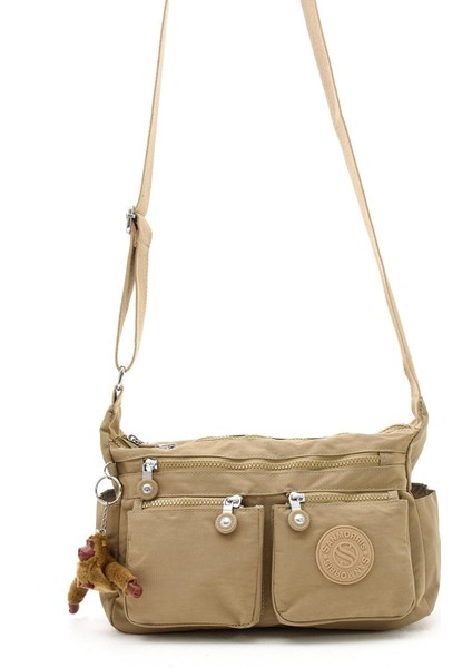 Kadın Orta Boy Bölmeli Suya Dayanıklı Krinkıl Kumaş Çapraz Askılı Omuz Çantası Haki