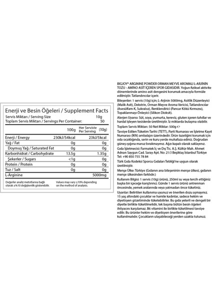Arginine Toz 500 gr Orman Meyveli Aspartamsız Koruyucusuz Türkiye Üretimi Yetişkin Sporcu Takviyesi