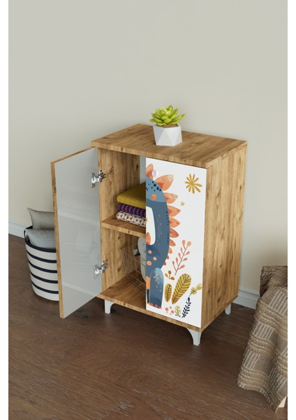 Minik Dino 2 Raflı Çocuk Odası Dolabı Çok Amaçlı Baskılı Oyuncak Dolabı fiyatları