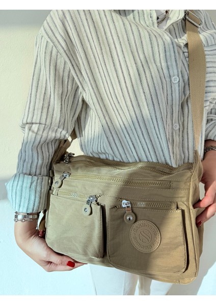 Kadın Orta Boy Bölmeli Suya Dayanıklı Krinkıl Kumaş Çapraz Askılı Omuz Çantası Haki fırsatları