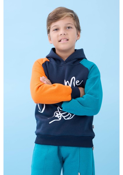 Erkek Çocuk Dad+Me Baskılı Kışlık Kapüşonlu Içi Polarlı Sweatshirt – Lacivert indirimleri