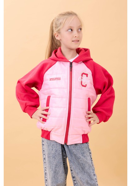 Kız Çocuk Içi Peluşlu Kapüşonlu Kapitone Kolej Ceket – Pembe