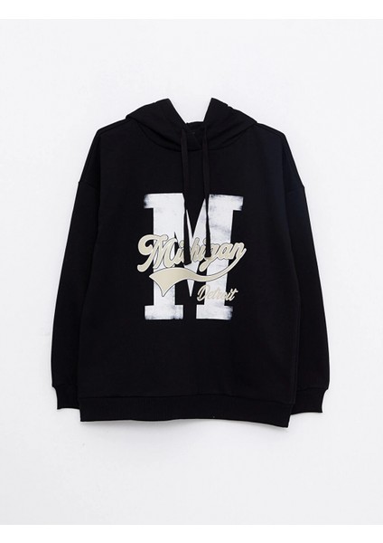 Lcw Vision Siyah Baskılı Kadın Kalın Hoodie