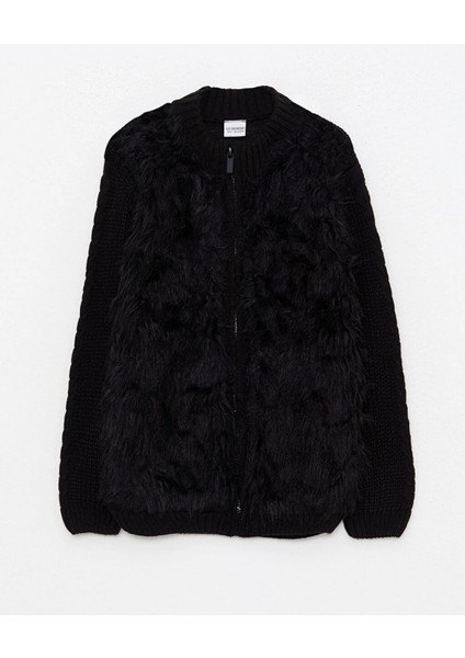 Lcw Kids Siyah Bisiklet Yaka Pelüş Detaylı Uzun Kollu Kız Çocuk Triko Hırka