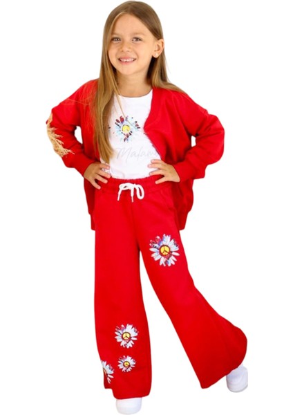 Kız Çocuk Çiçek Desenli Hırkalı Kırmızı Renk Üçlü Takım