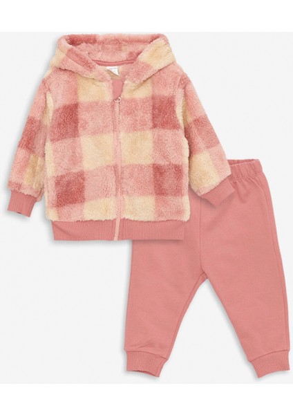 Lcw Baby Ekru Kapüşonlu Pelüş Uzun Kollu Kız Bebek Hırka ve Tayt 2'li Takım